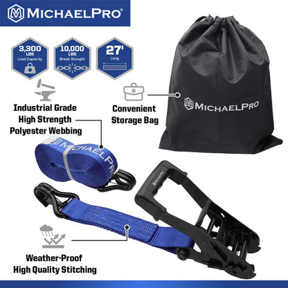 2" x 27' Ratchet Tie Down Strap with J-Hook Safety Latches, 10,000 lb Break Strength (MP021003) - MichaelPro