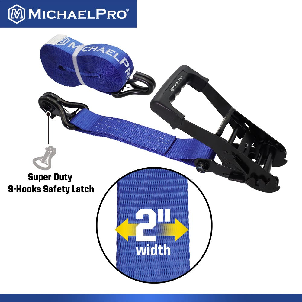 2" x 27' Ratchet Tie Down Strap with J-Hook Safety Latches, 10,000 lb Break Strength (MP021003) - MichaelPro