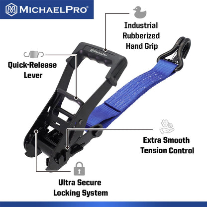 2" x 27' Ratchet Tie Down Strap with J-Hook Safety Latches, 10,000 lb Break Strength (MP021003) - MichaelPro