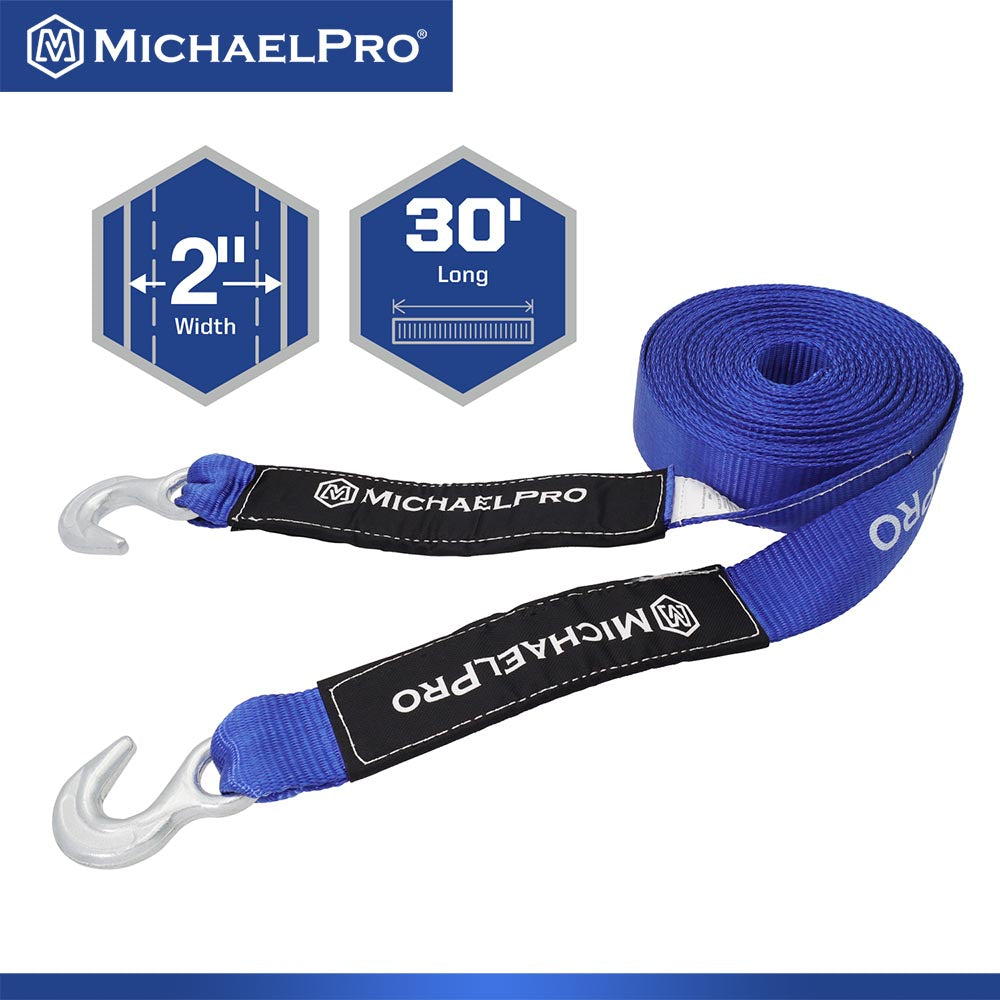 2" x 30' Heavy Duty Tow Strap with Forged Hooks, 10,000 lb Break Strength (MP021004)