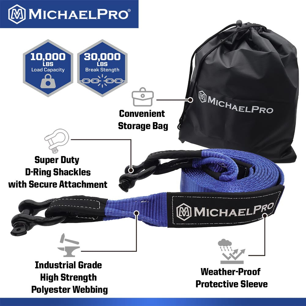 3" x 20' Heavy Duty Tow Strap with D-Ring Shackles, 30,000 lb Break Strength (MP021005) - MichaelPro