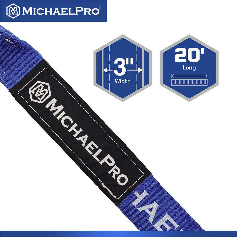 3" x 20' Heavy Duty Tow Strap with D-Ring Shackles, 30,000 lb Break Strength (MP021005) - MichaelPro