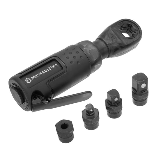 3-in-1 Mini Air Ratchet Wrench - 1/4“, 3/8” & 1/2" Drives in One Tool, Comes with 3 Drives Adapter and 1/4" Bits Holder