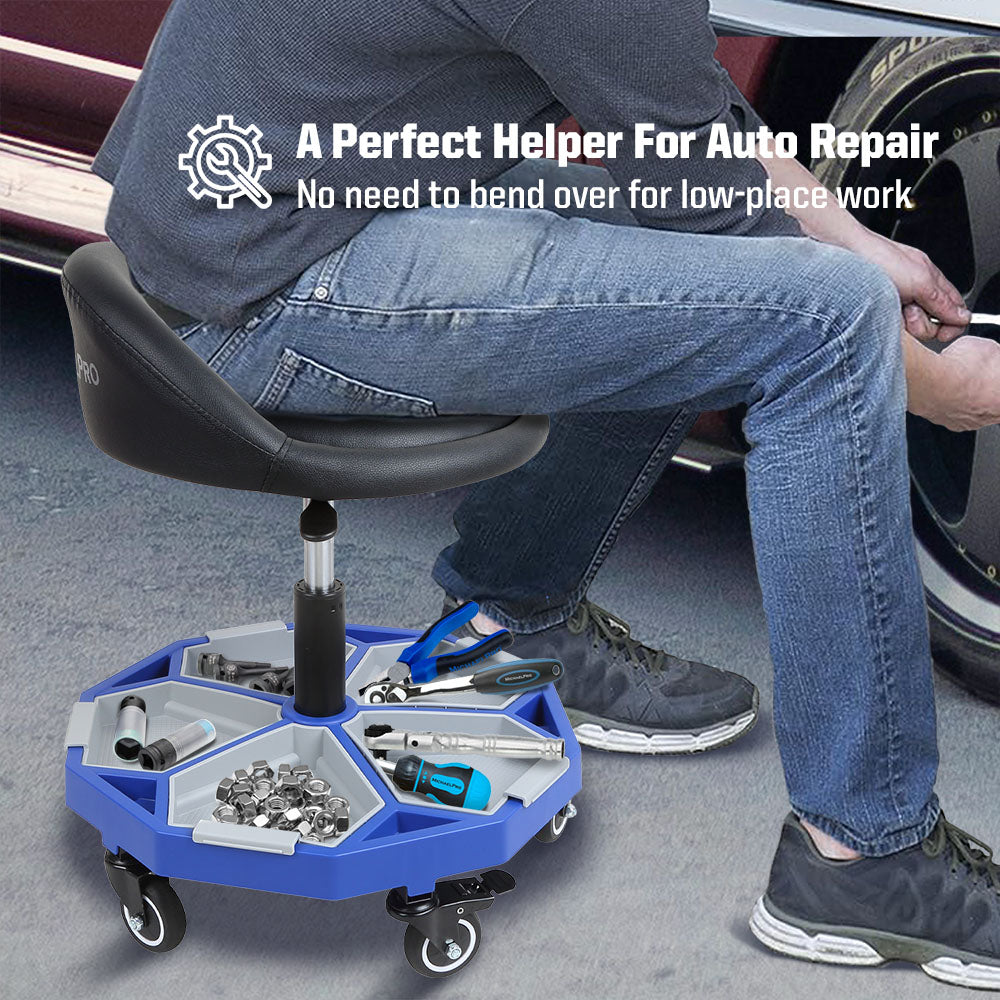 Adjustable Pneumatic Rolling Mechanic Stool with Tool Tray Storage,  350 LBS Weight Capacity (MPC016005) - MichaelPro