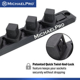 MichaelPro customizable socket organizer rails with removable end caps, allowing users to mix and match 1/4", 3/8", and 1/2" drive clips on a single aluminum rail. Sliding Quick-Lock clips for custom tool organization.
