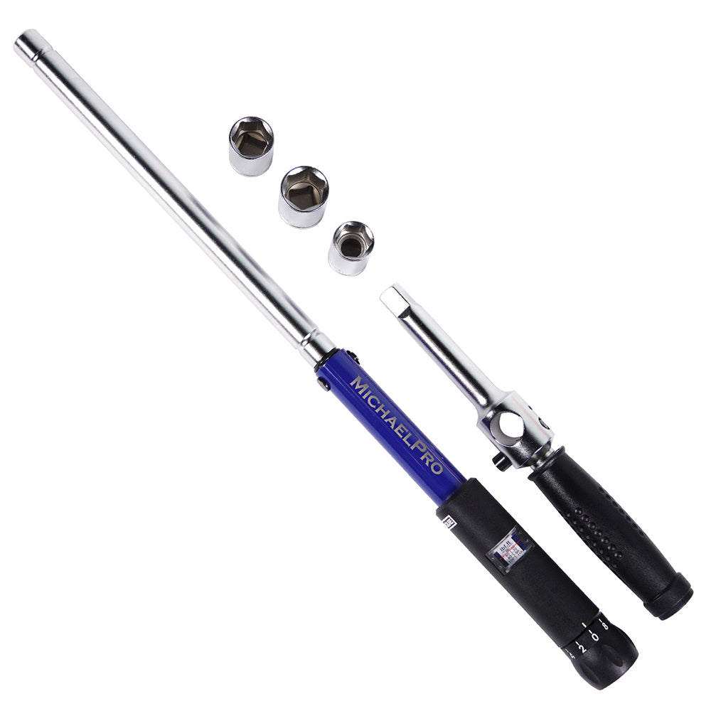 MichaelPro MP001002 2-in-1 Click Torque Wrench and X-Lug Wrench set with 1/2-inch drive, 50-130 ft/lbs range, and 3 included sockets. Speed spinning mode for fast tire changes and a +/- 4% pre-calibrated click torque mode.