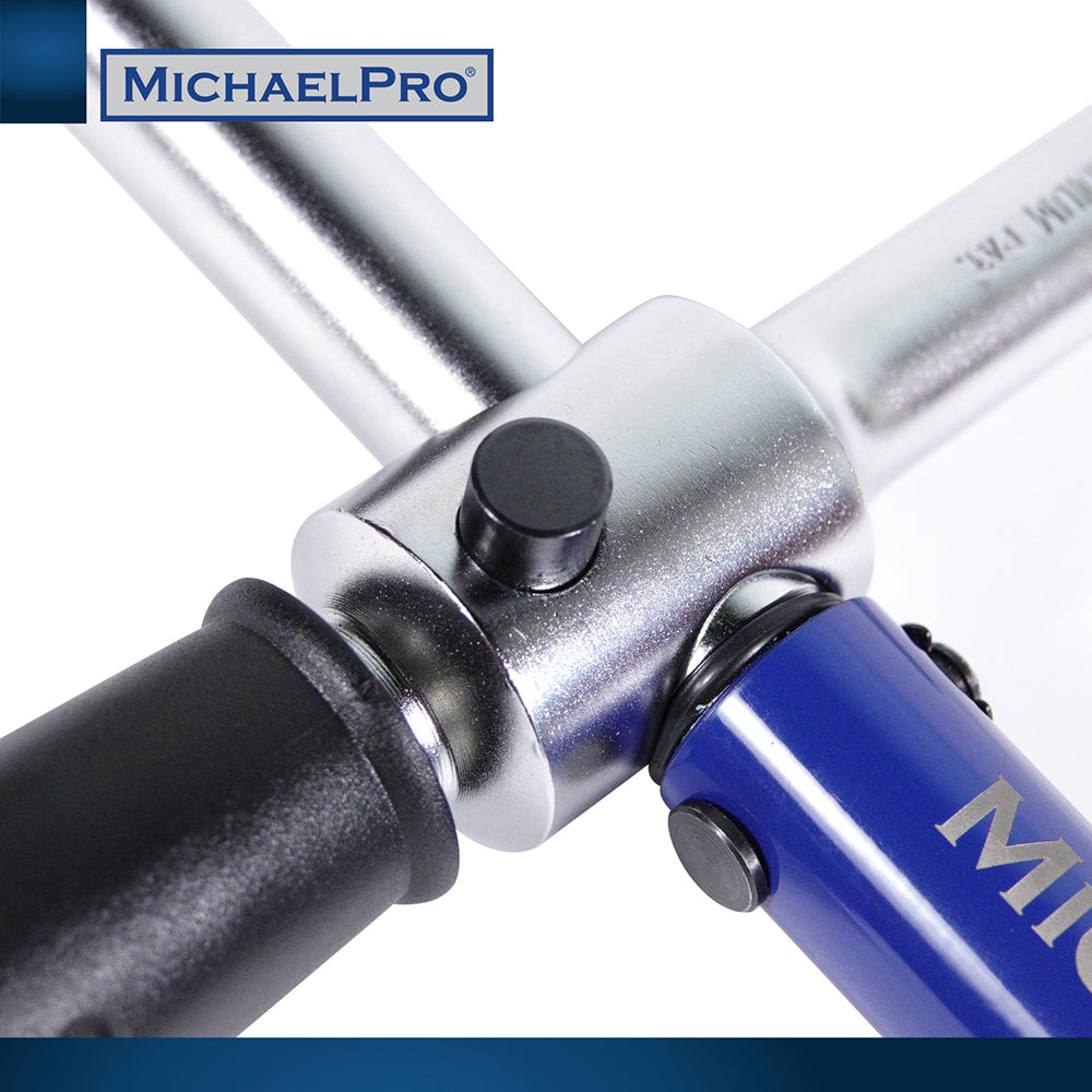 MichaelPro MP001002 torque wrench detail showing the seamless sliding lock mechanism that switches between Speed Spinning and Click Torque modes. 2-in-1 lug wrench handle showing the heavy-duty Chrome Vanadium (CR-V) steel construction and mode-switching lock button.