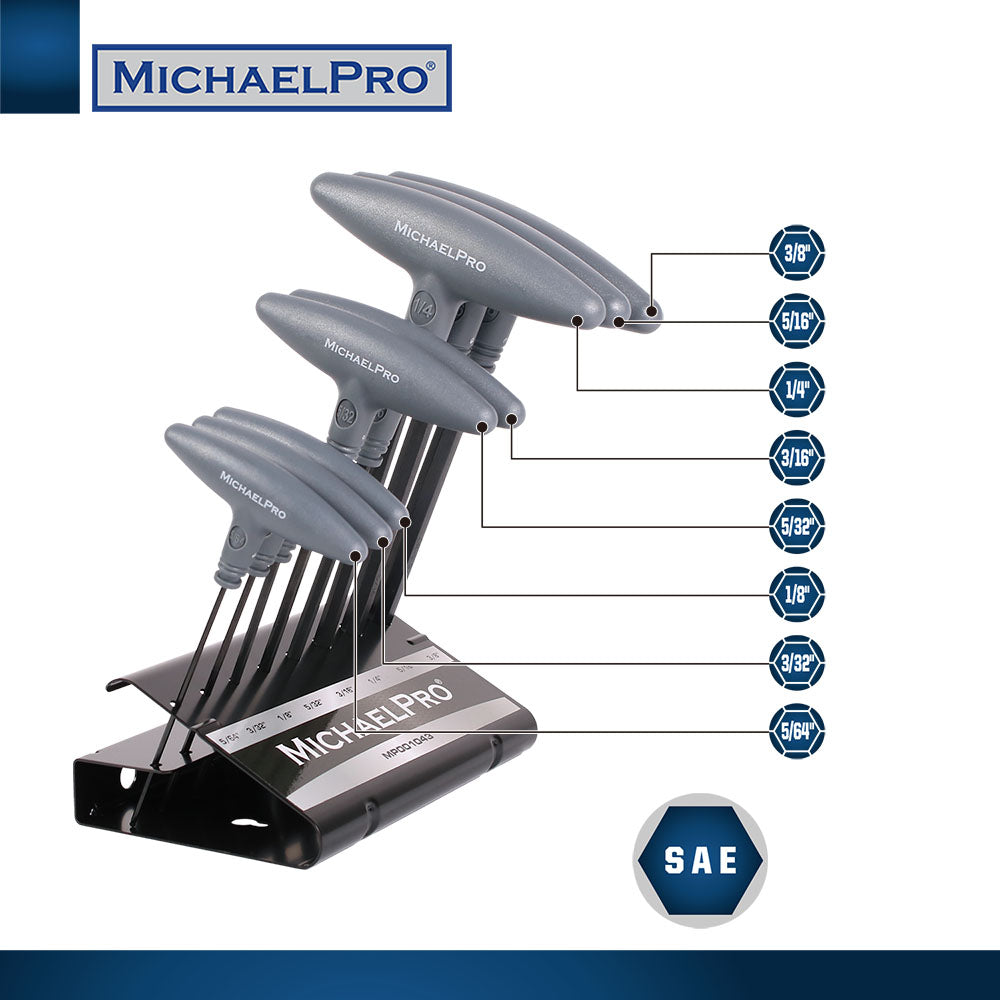 8-Piece T-Handle Ball End Allen Wrench Set in Standard SAE Sizes with Storage Stand (MP001043B) - MichaelPro