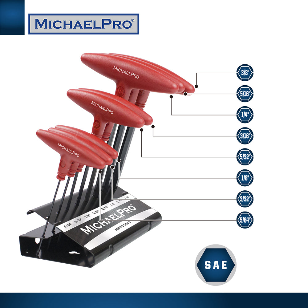 8-Piece T-Handle Ball End Allen Wrench Set in Standard SAE Sizes with Storage Stand (MP001043) - MichaelPro