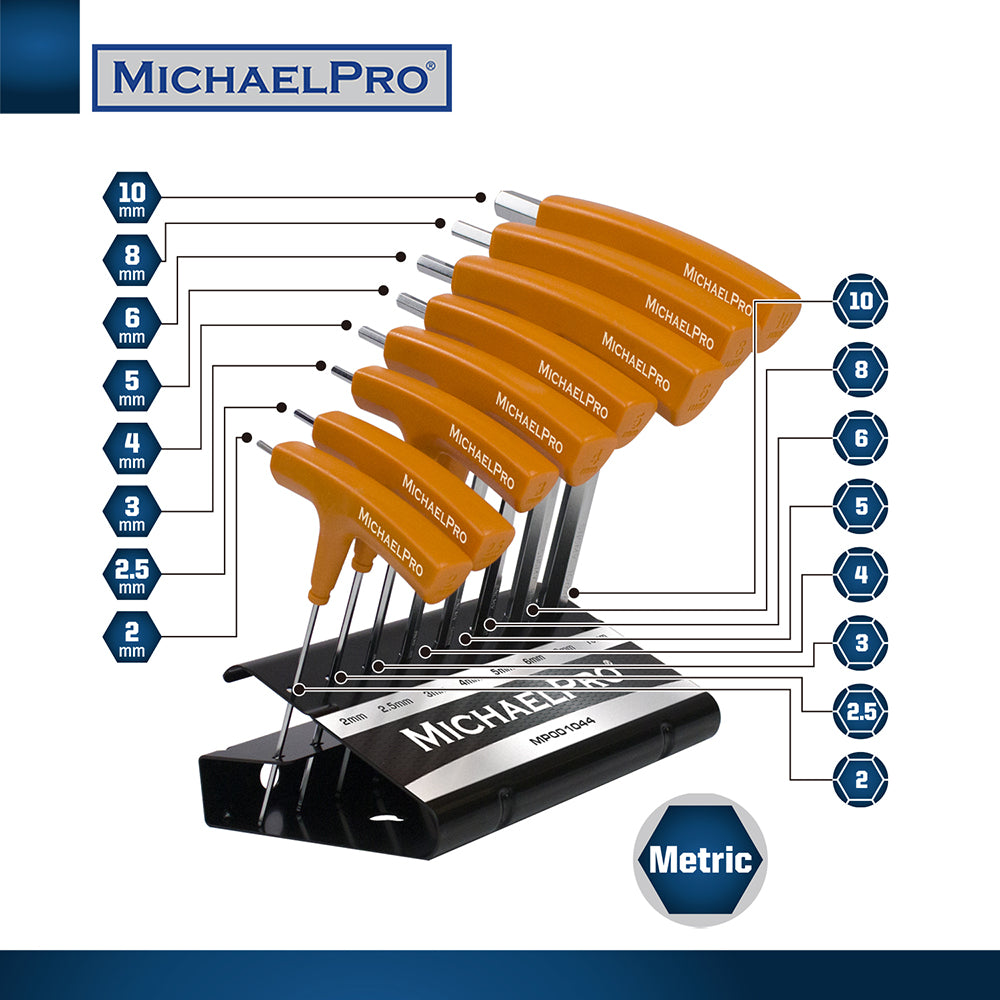 8-Piece Two-Way T-Handle Allen Wrench Set in Metric Sizes with Storage Stand (MP001044) - MichaelPro