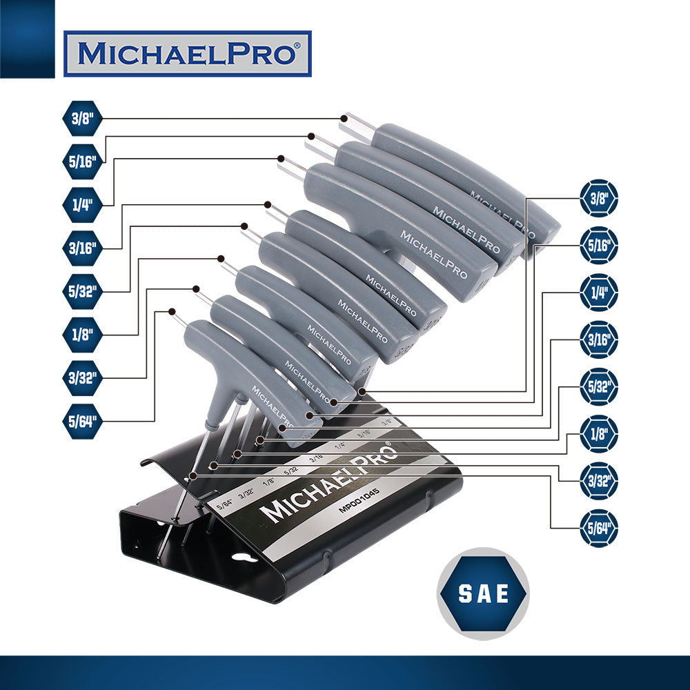 8-Piece Two-Way T-Handle Allen Wrench Set in Standard SAE Sizes with Storage Stand (MP001045B) - MichaelPro