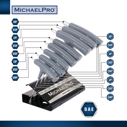 8-Piece Two-Way T-Handle Allen Wrench Set in Standard SAE Sizes with Storage Stand (MP001045B) - MichaelPro
