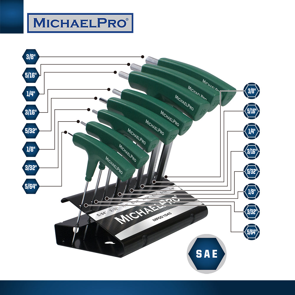 8-Piece Two-Way T-Handle Allen Wrench Set in Standard SAE Sizes with Storage Stand (MP001045)