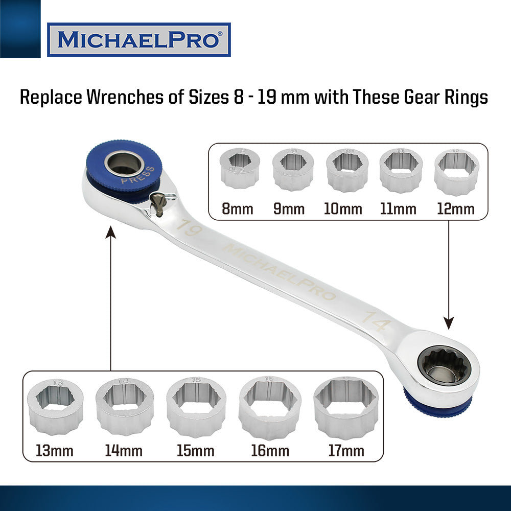 11-in-1 Ratcheting Wrench with Interchangeable Gear Rings (MP001204) - MichaelPro