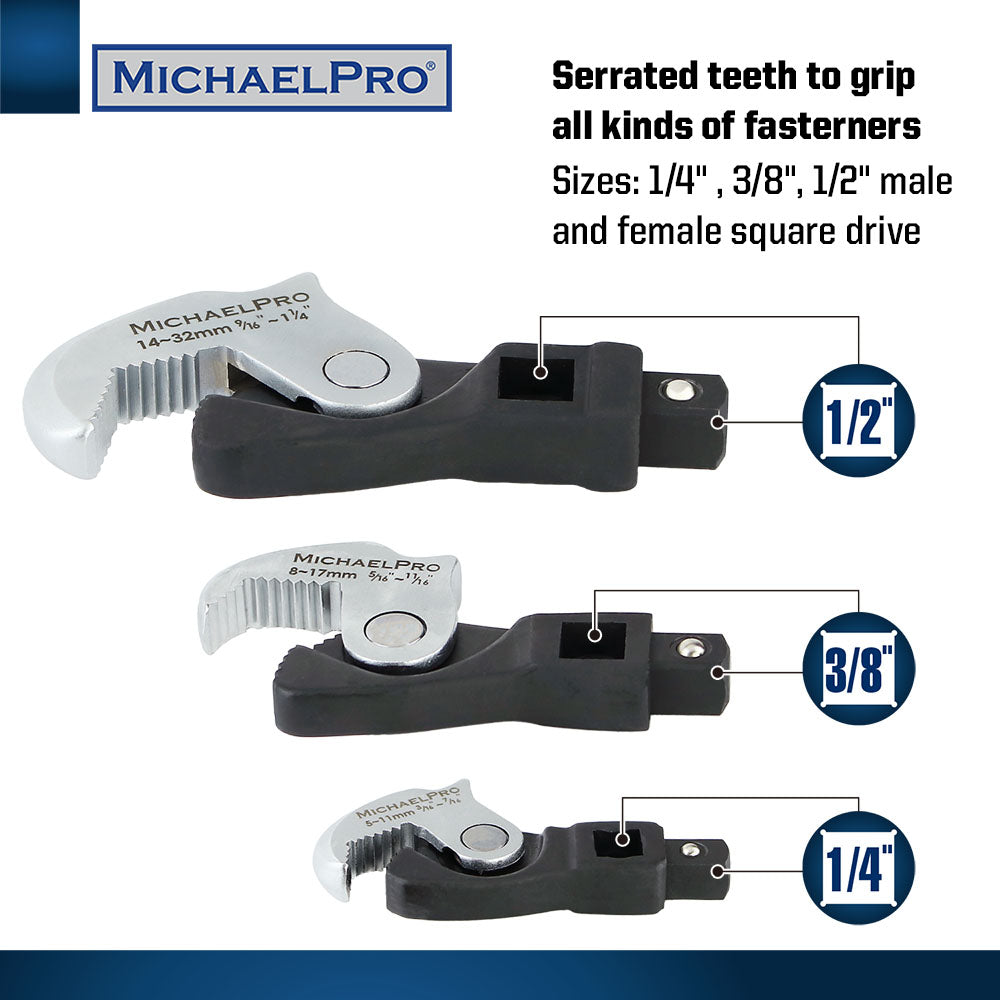 3-Piece Spring-Loaded Auto Size Adjusting Crowfoot Wrench Set (MP001205) - MichaelPro