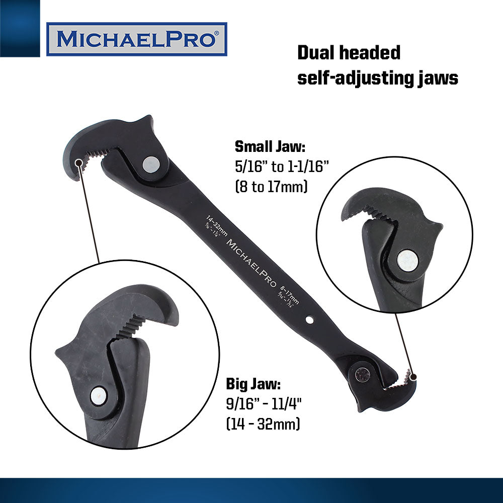 MichaelPro MP001206 dual-headed self-adjusting wrench infographic showing a Big Jaw capacity of 9/16" to 1-1/4" (14 to 32mm) and a Small Jaw capacity of 5/16" to 1-1/16" (8 to 17mm). Designed for heavy-duty metric and SAE fastener coverage.