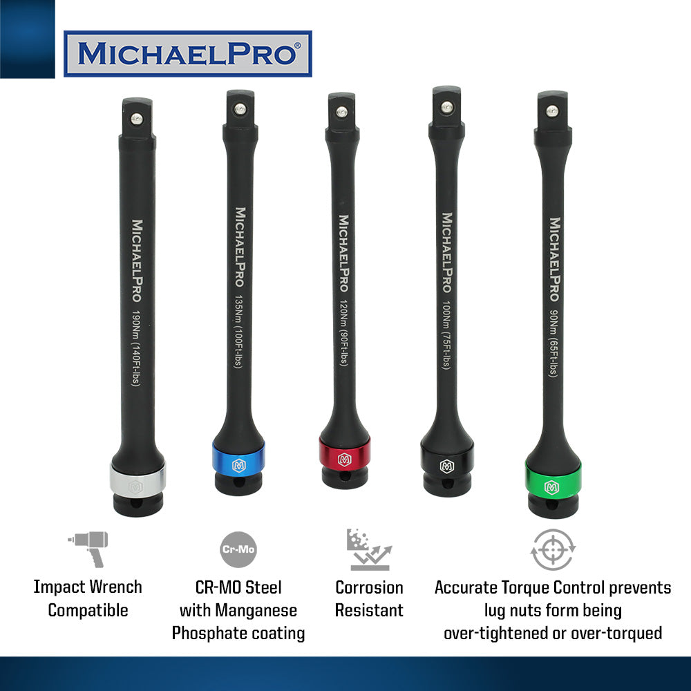 5-Piece 1/2" Drive Torque Limiting Extension Bar Set (MP001207) - MichaelPro