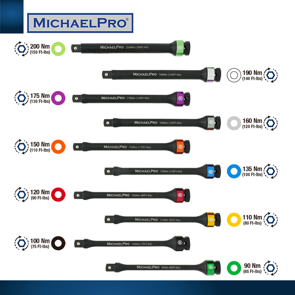 10-Piece 1/2" Drive Torque Limiting Extension Bar Set (MP001208)