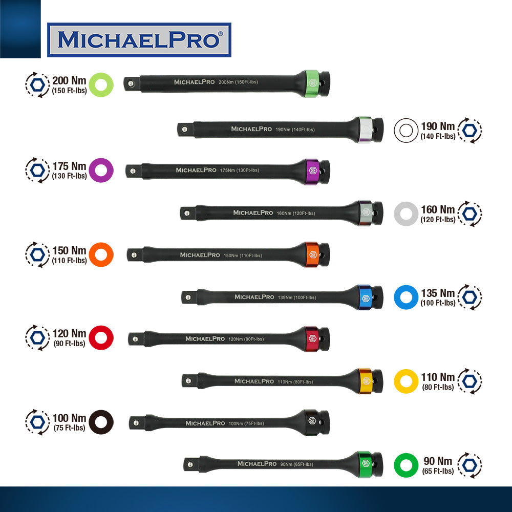 10-Piece 1/2" Drive Torque Limiting Extension Bar Set (MP001208) - MichaelPro