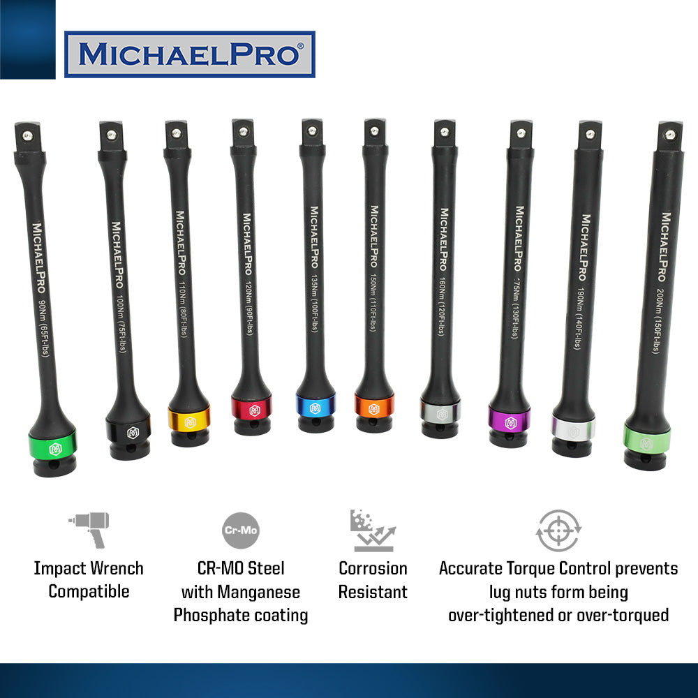 10-Piece 1/2" Drive Torque Limiting Extension Bar Set (MP001208) - MichaelPro