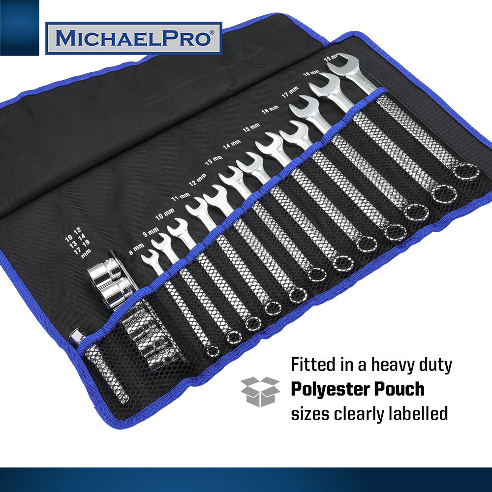 18-Piece Bolt Extractor Combination Wrenches and Cushion Grip Sockets Set in Metric Sizes (MP001211) - MichaelPro