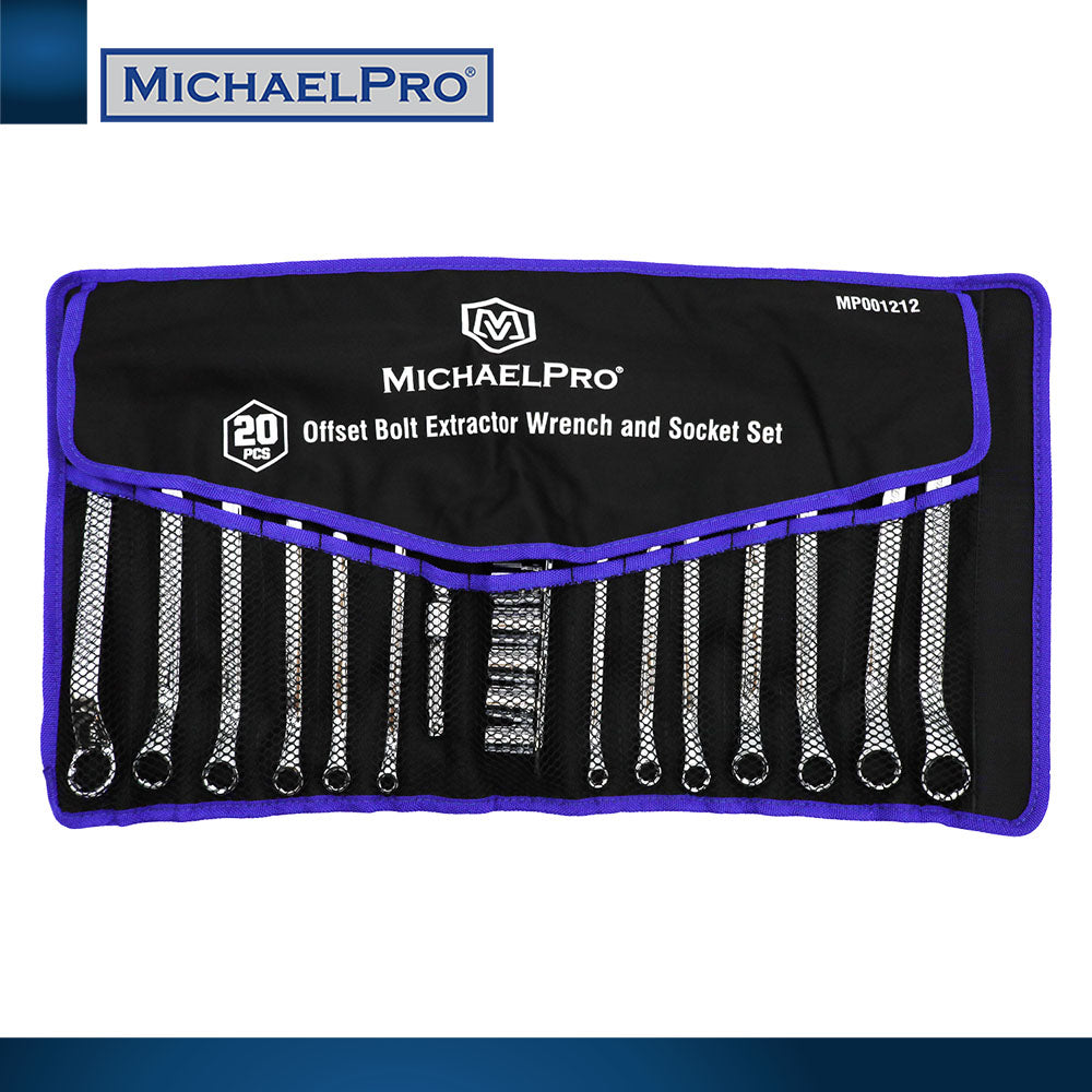 19-Piece Bolt Extractor Offset Wrenches and Cushion Grip Sockets Set in Standard SAE & Metric Sizes (MP001212) - MichaelPro