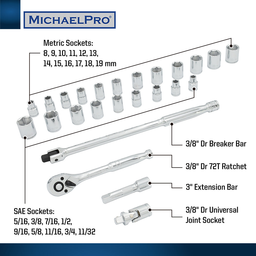 25-Piece 3/8" Drive Breaker Bar, Ratchet and Socket Set (MP001215) - MichaelPro