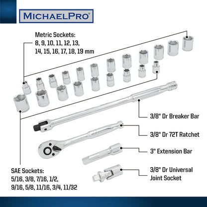 25-Piece 3/8" Drive Breaker Bar, Ratchet and Socket Set (MP001215) - MichaelPro