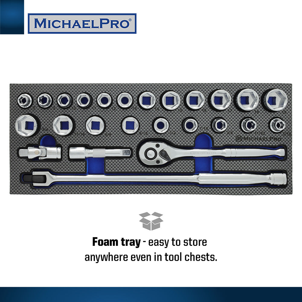 25-Piece 3/8" Drive Breaker Bar, Ratchet and Socket Set (MP001215) - MichaelPro