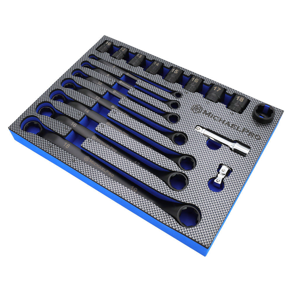 18-Piece Black Oxide Bolt Extractor Offset Wrench and Socket Set in Metric Sizes (MP001218) - MichaelPro