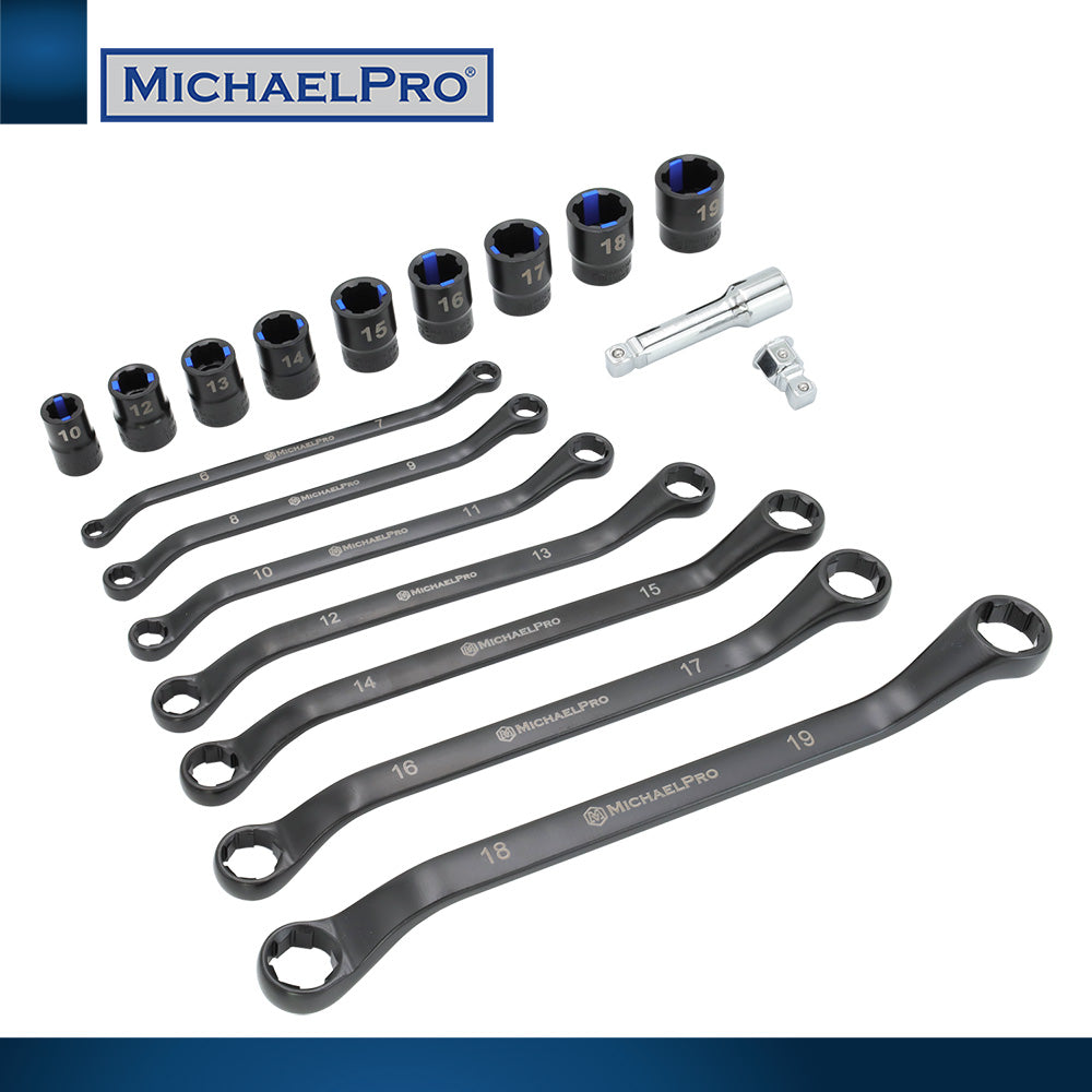 18-Piece Black Oxide Bolt Extractor Offset Wrench and Socket Set in Metric Sizes (MP001218) - MichaelPro