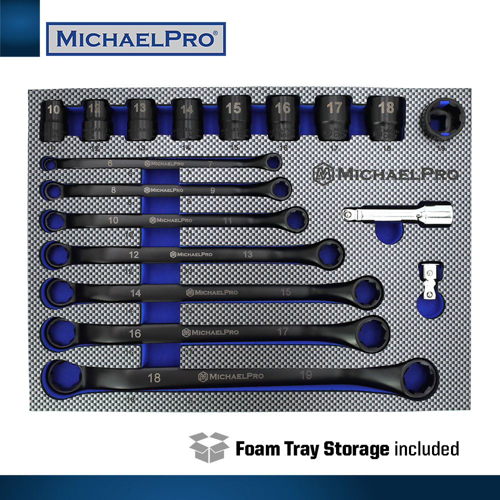 18-Piece Black Oxide Bolt Extractor Offset Wrench and Socket Set in Metric Sizes (MP001218) - MichaelPro