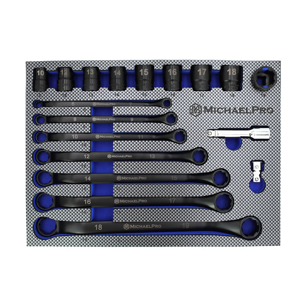 18-Piece Black Oxide Bolt Extractor Offset Wrench and Socket Set in Metric Sizes (MP001218) - MichaelPro