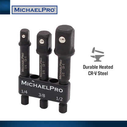 3-Inch Impact Grade Socket Adapter Set, 1/4", 3/8", and 1/2" Drive (MP005020) - MichaelPro