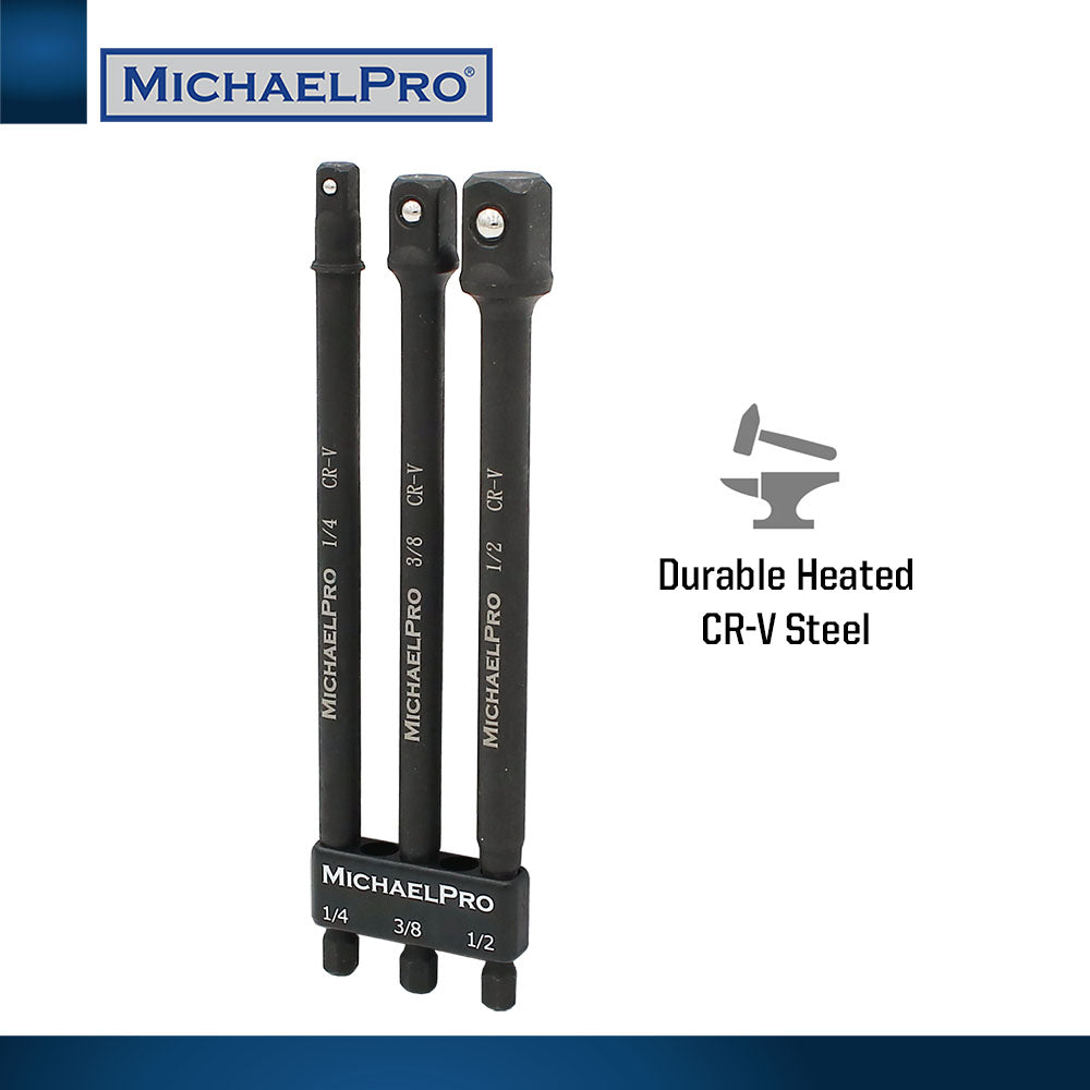 6-Inch Impact Grade Socket Adapter Set, 1/4", 3/8", and 1/2" Drive (MP005021) - MichaelPro