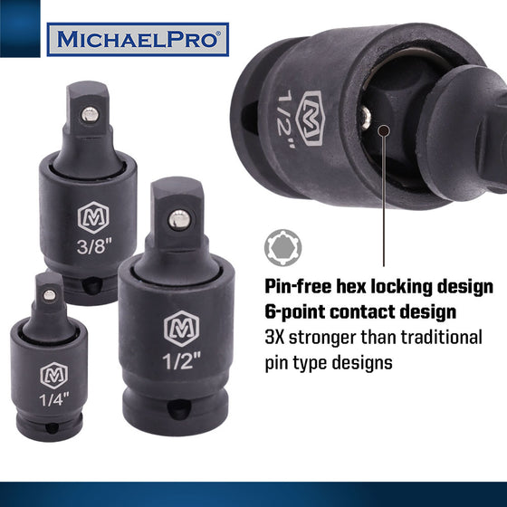 3-Piece Impact Grade Universal Joint Pin-Free Locking Swivel Socket Adapter Set (MP005026)