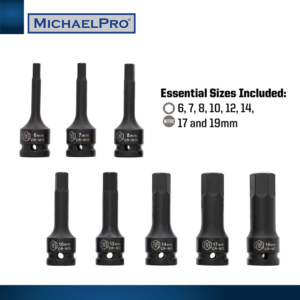 8-Piece 1/2” Drive Hex Bit Socket Set in Metric Sizes (MP005027) - MichaelPro