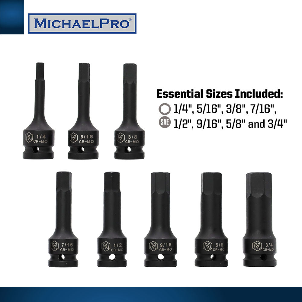 8-Piece 1/2” Drive Hex Bit Socket Set in Standard SAE Sizes (MP005028) - MichaelPro