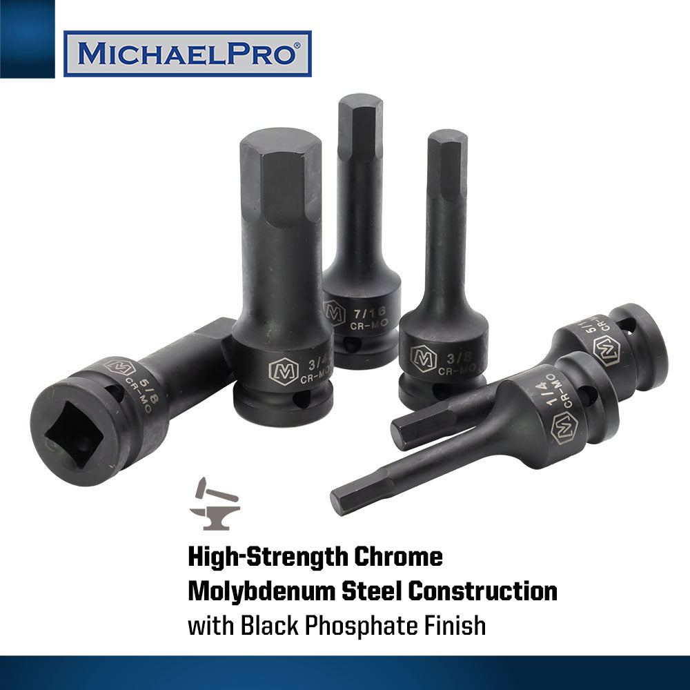 8-Piece 1/2” Drive Hex Bit Socket Set in Standard SAE Sizes (MP005028) - MichaelPro