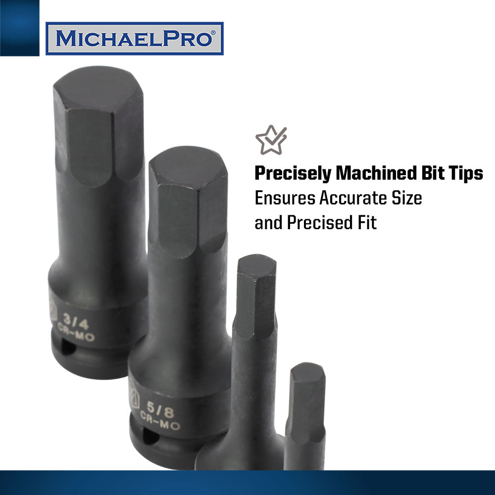 8-Piece 1/2” Drive Hex Bit Socket Set in Standard SAE Sizes (MP005028) - MichaelPro