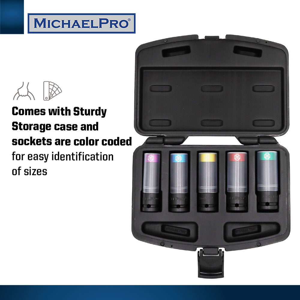 5-Piece 1/2" Drive Power Impact Lug Nut Socket, Damage-Free (MP005030) - MichaelPro