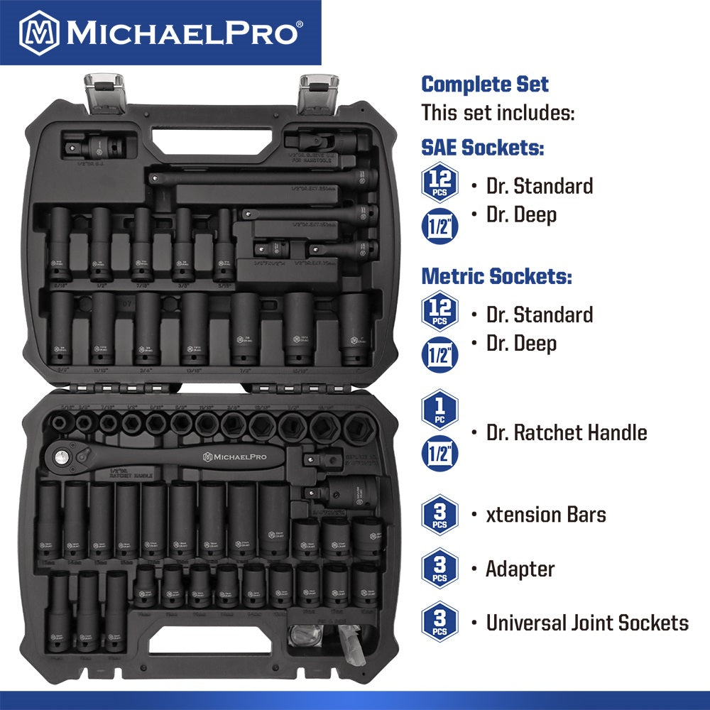 60-Piece 1/2"Drive Impact Socket Set in Standard SAE & Metric Sizes (MP005034) - MichaelPro