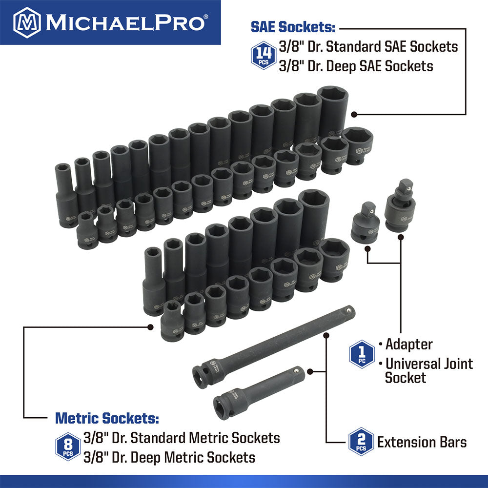 48-Piece 3/8"Drive Impact Socket Set in Standard SAE and Metric Sizes (MP005035) - MichaelPro