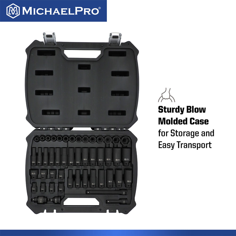 48-Piece 3/8"Drive Impact Socket Set in Standard SAE and Metric Sizes (MP005035) - MichaelPro