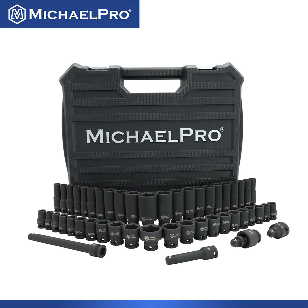 50-Piece 3/8 Drive Impact Socket Set – SAE & Metric, 6-Point, Cr-V Steel