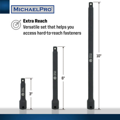 3/8" Drive Impact Extension Bar Set- 3”, 6”, 10” (MP005040) - MichaelPro