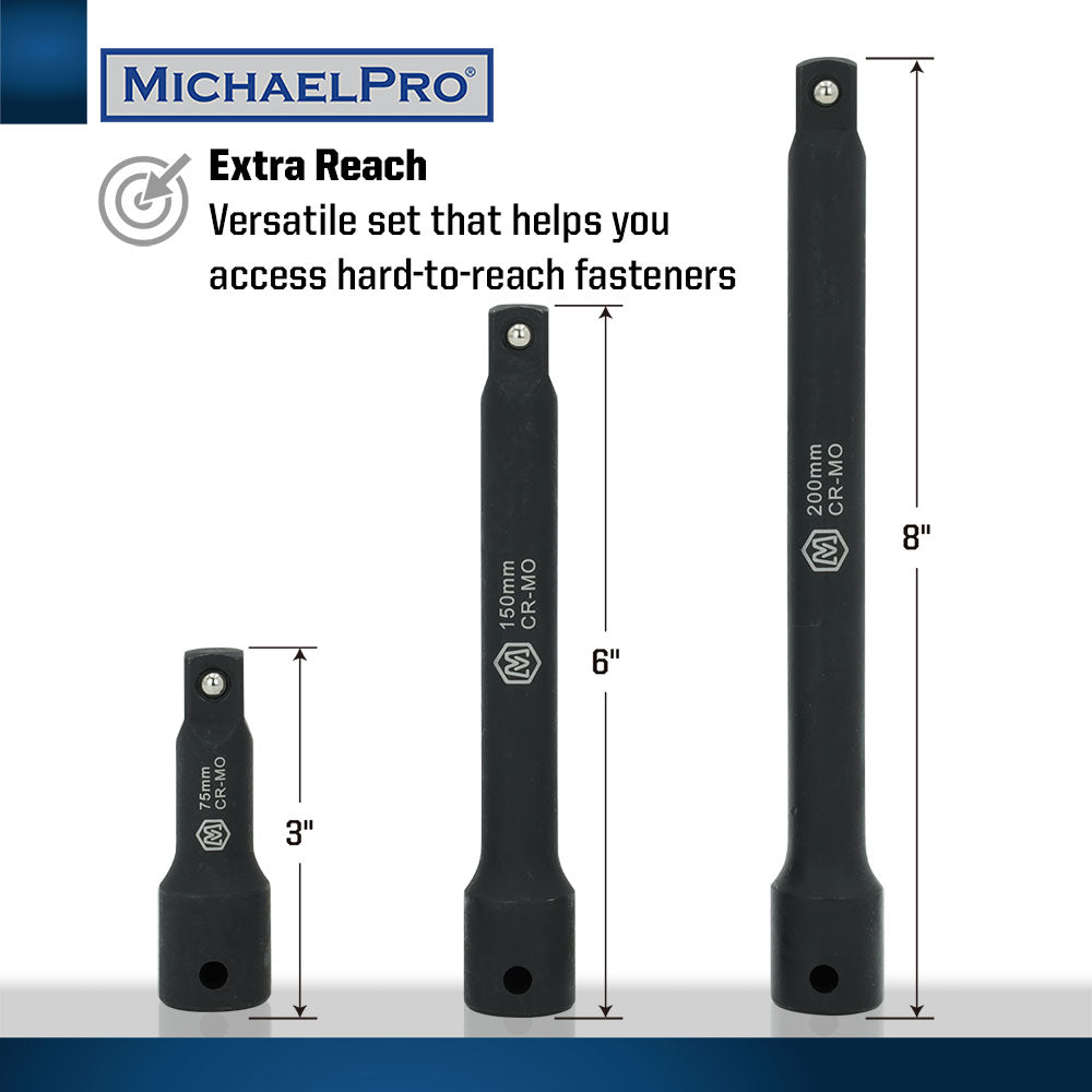 1/2" Drive Impact Extension Bar Set- 3”, 6”, 8” (MP005041) - MichaelPro