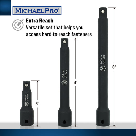 1/2" Drive Impact Extension Bar Set- 3”, 6”, 8” (MP005041)