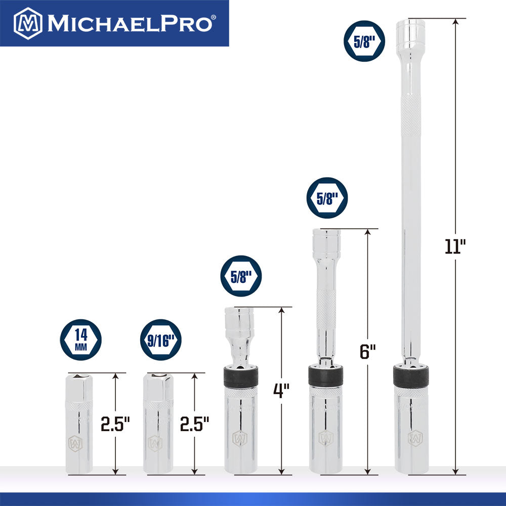 5-Piece 3/8" Drive Magnetic Swivel Spark Plug Socket Set with Foam Tray (MP005043) - MichaelPro
