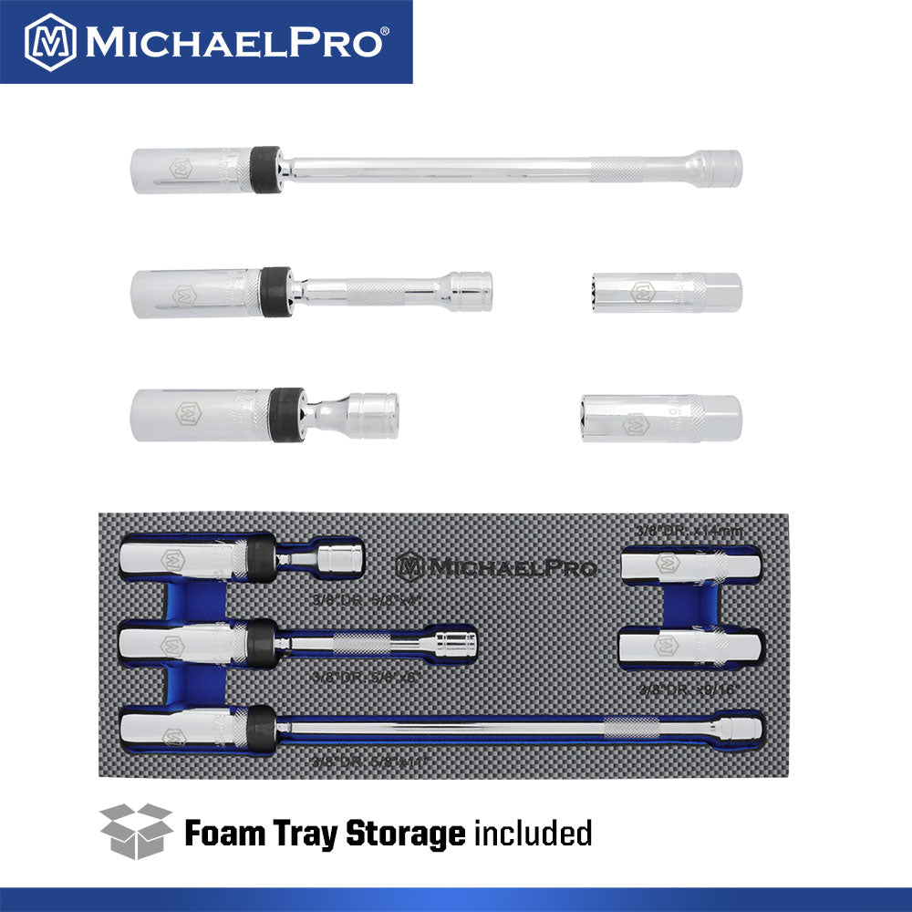 5-Piece 3/8" Drive Magnetic Swivel Spark Plug Socket Set with Foam Tray (MP005043) - MichaelPro